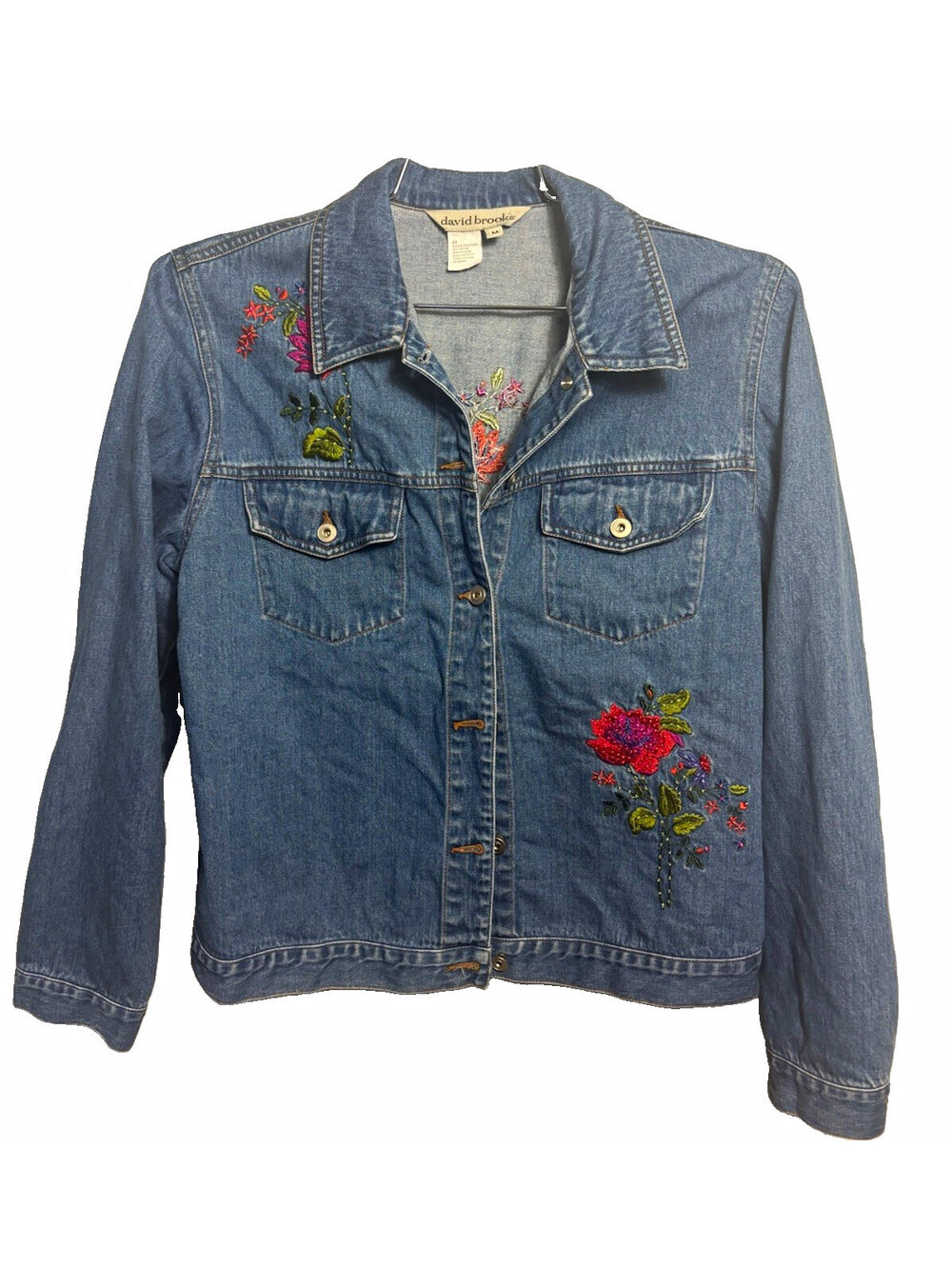 Vintage David Brooks Denim Jacket Sz M Floral Beaded Embroidery Y2K Cottagecore